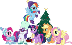 Size: 3095x1937 | Tagged: safe, artist:ironm17, imported from derpibooru, applejack, fluttershy, pinkie pie, rainbow dash, rarity, twilight sparkle, earth pony, pegasus, pony, unicorn, best gift ever, beanie, bedroom eyes, christmas, christmas tree, clothes, earmuffs, glasses, grin, happy, hat, holiday, jacket, looking at you, scarf, short-sleeved jacket, simple background, smiling, sweater, transparent background, tree, unicorn twilight, vector, winter outfit