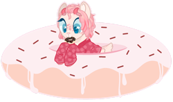 Size: 1280x751 | Tagged: safe, artist:m-00nlight, imported from derpibooru, oc, oc:grace, deer pony, original species, base used, clothes, donut, food, micro, nom, ponies in food, shirt, simple background, transparent background