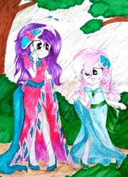 Size: 1364x1899 | Tagged: safe, artist:liaaqila, imported from derpibooru, rarity, sweetie belle, equestria girls, make new friends but keep discord, clothes, commission, dress, female, gala dress, high heels, makeup, rain, running makeup, shoes, sisters, traditional art, wet, wet hair