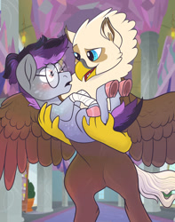 Size: 1024x1300 | Tagged: safe, artist:loryska, imported from derpibooru, oc, oc:halien, oc:niko, hippogriff, pony, holding a pony, male, offspring, parent:derpy hooves, parent:doctor whooves, parent:dumbbell, parent:gilda, parents:doctorderpy, parents:gildabell