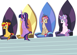 Size: 3232x2304 | Tagged: safe, artist:amelia-bases, artist:original, derpibooru exclusive, imported from derpibooru, princess flurry heart, sunset shimmer, twilight sparkle, oc, oc:neighsay, alicorn, pony, unicorn, alternate hairstyle, base used, male alicorn, missing cutie mark, stifling laughter, twilight sparkle (alicorn)