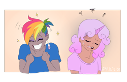 Size: 1359x876 | Tagged: safe, artist:feellikeaplat, imported from derpibooru, oc, oc:quartz horn, oc:rainbow feather, human, dark skin, defeated, ear piercing, earring, horned humanization, humanized, jewelry, magical lesbian spawn, moderate dark skin, offspring, parent:gilda, parent:rainbow dash, parents:gildash, piercing, victory