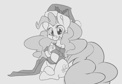 Size: 3300x2278 | Tagged: safe, artist:leadhooves, imported from derpibooru, pinkie pie, pony, :p, christmas, clothes, costume, female, hat, holiday, monochrome, santa costume, santa hat, solo, tongue out