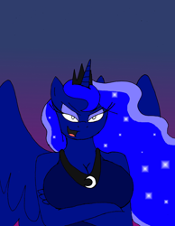 Size: 1280x1649 | Tagged: safe, artist:americananomaly, imported from derpibooru, nightmare moon, princess luna, anthro, anthroquestria, bedroom eyes, big breasts, breasts, cleavage, clothes, crossed arms, devious, dress, female, smug, solo