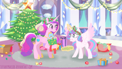 Size: 1920x1080 | Tagged: safe, artist:tiffanymarsou, imported from derpibooru, princess cadance, princess flurry heart, alicorn, pony, christmas, christmas tree, concave belly, duo, eyelashes, female, folded wings, height difference, holiday, indoors, magic, mother and daughter, present, slim, spread wings, telekinesis, thin, tree, wings