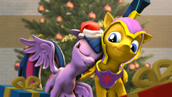 Size: 3840x2160 | Tagged: safe, artist:twilighlot, imported from derpibooru, flash sentry, twilight sparkle, alicorn, 3d, armor, christmas, christmas tree, female, flashlight, hat, holiday, love, male, present, santa hat, shipping, soldier, source filmmaker, straight, time, tree, twilight sparkle (alicorn)