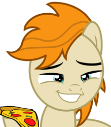 Size: 700x800 | Tagged: safe, artist:pizzamovies, imported from derpibooru, oc, oc only, oc:pizzamovies, earth pony, pony, food, grin, meat, pepperoni, pepperoni pizza, pizza, raised hoof, simple background, smiling, teeth