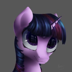 Size: 1024x1024 | Tagged: safe, artist:hilloty, imported from derpibooru, twilight sparkle, pony, unicorn, 2015, bust, female, gray background, portrait, simple background, solo, test