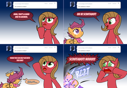 Size: 2300x1604 | Tagged: safe, artist:ladyanidraws, imported from derpibooru, scootaloo, oc, oc:pun, earth pony, pony, robot, ask pun, ask, comic, logic bomb, scootabot