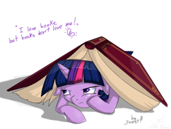 Size: 800x600 | Tagged: safe, artist:hilloty, imported from derpibooru, twilight sparkle, pony, annoyed, book, book tent, female, fun, prone, simple background, solo