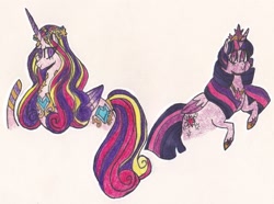 Size: 1876x1393 | Tagged: safe, artist:draw1709, imported from derpibooru, princess cadance, twilight sparkle, alicorn, pony, alternate hairstyle, long mane, traditional art, twilight sparkle (alicorn)