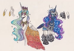 Size: 2274x1584 | Tagged: safe, artist:draw1709, imported from derpibooru, princess celestia, princess luna, pony, clothes, dress, traditional art