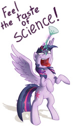 Size: 668x1136 | Tagged: safe, artist:hilloty, imported from derpibooru, twilight sparkle, alicorn, pony, belly button, bipedal, erlenmeyer flask, evil grin, female, fun, grin, magic, mare, messy mane, pinpoint eyes, pure unfiltered evil, rearing, science, simple background, smiling, solo, spread wings, telekinesis, this will end in science, tongue out, twilight sparkle (alicorn), white background, wings