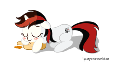 Size: 1111x557 | Tagged: safe, artist:ipostponies, imported from derpibooru, oc, oc only, oc:blackjack, pony, unicorn, fallout equestria, fallout equestria: project horizons, alcohol, blushing, bottle, cute, fanfic, fanfic art, female, floppy ears, hooves, horn, mare, simple background, sleeping, solo, whiskey, white background, wild pegasus