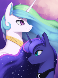 Size: 1423x1920 | Tagged: safe, artist:mrscroup, imported from derpibooru, princess celestia, princess luna, alicorn, pony, equestria at war mod, cute, duo, ethereal mane, female, jewelry, mare, regalia, royal sisters, smiling, starry mane