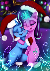 Size: 2323x3295 | Tagged: safe, artist:darksly, imported from derpibooru, starlight glimmer, trixie, pony, unicorn, art, bipedal, christmas, cute, diatrixes, eyes closed, female, glimmerbetes, glowing horn, hat, holiday, hug, lesbian, mare, open mouth, santa hat, shipping, startrix