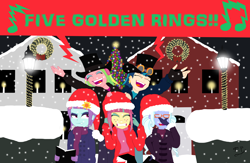 Size: 4018x2616 | Tagged: safe, artist:dazzpocalypse, imported from derpibooru, indigo zap, lemon zest, sour sweet, sugarcoat, sunny flare, equestria girls, christmas, crystal prep shadowbolts, hat, holiday, music notes, outdoors, santa hat, screaming, shadow five, singing, snow