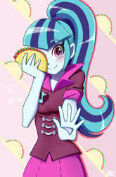 Size: 800x1210 | Tagged: safe, artist:tastyrainbow, imported from derpibooru, sonata dusk, equestria girls, blushing, cute, female, food, note, one eye closed, ponytail, pretty, solo, sonatabetes, sonataco, taco, that girl sure loves tacos, that pony sure does love tacos, that siren sure does love tacos, wink