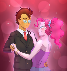 Size: 2974x3140 | Tagged: safe, artist:feellikeaplat, imported from derpibooru, pinkie pie, oc, oc:copper plume, equestria girls, blushing, bracelet, canon x oc, clothes, commission, commissioner:imperfectxiii, copperpie, dancing, dress, freckles, glasses, hand on hip, hand on shoulder, high res, holding hands, jewelry, necktie, ponytail, smiling, suit