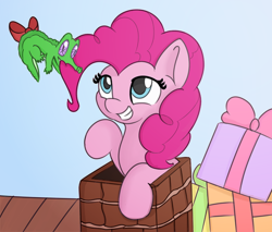 Size: 654x557 | Tagged: safe, artist:treekickerdraws, imported from derpibooru, gummy, pinkie pie, earth pony, pony, christmas, cute, diapinkes, female, grin, holiday, mare, present, smiling