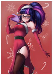 Size: 848x1200 | Tagged: safe, artist:the-park, imported from derpibooru, twilight sparkle, human, equestria girls, bare shoulders, christmas, clothes, costume, female, garter belt, garters, glasses, hat, holiday, santa costume, santa hat, schrödinger's pantsu, side slit, simple background, sleeveless, solo, stockings, strapless, thigh highs, total sideslit