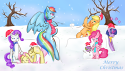 Size: 3265x1837 | Tagged: safe, artist:zoxriver503, imported from derpibooru, applejack, fluttershy, pinkie pie, rainbow dash, rarity, spike, twilight sparkle, earth pony, pegasus, pony, unicorn, female, mane seven, mane six, mare, smiling, snow, snowball, snowball fight