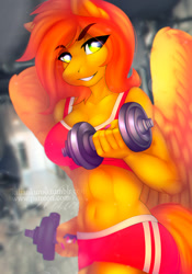 Size: 838x1197 | Tagged: safe, artist:dolorosacake, imported from derpibooru, oc, oc only, oc:camber, anthro, pegasus, abs, belly button, clothes, commission, female, gym, gym uniform, mare, midriff, opencommissions, solo, sports bra, sports shorts