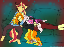 Size: 1200x879 | Tagged: safe, artist:kaemantis, imported from derpibooru, adagio dazzle, sunset shimmer, oc, oc:snowshine, anthro, siren, unguligrade anthro, unicorn, adopted offspring, adoragio, clothes, couch, cute, eyes closed, female, lesbian, pajamas, pants, parent:adagio dazzle, parent:sunset shimmer, parents:sunsagio, plushie, shimmerbetes, shipping, sleeping, sunsagio