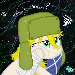 Size: 1280x1280 | Tagged: safe, artist:kobato98, imported from derpibooru, oc, oc only, oc:klever, earth pony, pony, bandage, black background, bored, female, hat, heterochromia, ponified, simple background, thinking, tired, ushanka