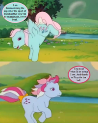 Size: 512x640 | Tagged: safe, edit, edited screencap, imported from derpibooru, screencap, sweet stuff, wind whistler, my little pony 'n friends, the magic coins, bow, bubble, buckball, cropped, dialogue, g1, implied fizzy, speech bubble, tail bow