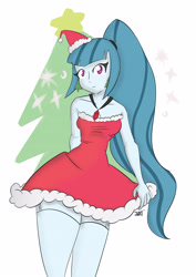 Size: 3000x4230 | Tagged: safe, artist:kazabomb, imported from derpibooru, sonata dusk, equestria girls, alternate clothes, alternate costumes, christmas, christmas tree, clothes, dress, female, hat, holiday, santa hat, simple background, solo, stockings, thigh highs, tree