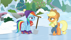 Size: 1280x720 | Tagged: safe, imported from derpibooru, screencap, applejack, rainbow dash, earth pony, pegasus, pony, triple pony dare ya, applejack's hat, clothes, cowboy hat, crossed hooves, crossed legs, female, folded wings, glare, hat, hoof boots, ice, mare, mittens, raised eyebrow, rivalry, scarf, shovel, snow, stetson, sweater, wings