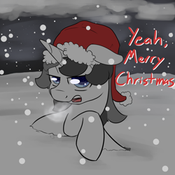 Size: 2000x2000 | Tagged: safe, artist:lurker, imported from derpibooru, oc, oc:fallen leaf, pony, unicorn, christmas, cloud, hat, holiday, male, outdoors, santa hat, snow