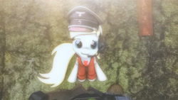 Size: 4000x2250 | Tagged: safe, artist:urgent coffee, imported from derpibooru, oc, oc:aryanne, 3d, aryan, aryan pony, blonde, clothes, earpiece, hat, high angle, looking, looking at you, looking up, looking up at you, nazi, nazipone, shirt, sitting, soldier, source filmmaker, up