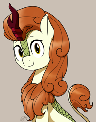 Size: 2200x2800 | Tagged: safe, artist:alexi148, imported from derpibooru, autumn blaze, kirin, pony, sounds of silence, female, high res, looking at you, mare, signature, simple background, smiling, solo