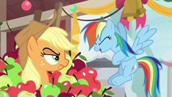 Size: 1280x720 | Tagged: safe, imported from derpibooru, screencap, applejack, rainbow dash, earth pony, pegasus, pony, triple pony dare ya, angry, apple, applejack is not amused, applejack's hat, cowboy hat, duo, eyes closed, female, flying, food, freckles, glare, hat, humiliation, laughing, mare, rivalry, spread wings, stetson, unamused, wings