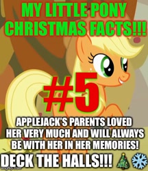 Size: 370x429 | Tagged: safe, edit, edited screencap, imported from derpibooru, screencap, applejack, caption, christmas, christmas tree, emoji, excessive exclamation marks, fun fact, holiday, image macro, implied bright mac, implied death, implied pear butter, my little pony christmas facts, snow, snowflake, text, tree