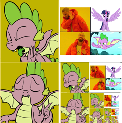 Size: 1013x1024 | Tagged: safe, artist:pony-berserker edits, edit, imported from derpibooru, spike, twilight sparkle, alicorn, dragon, molt down, drake, droste effect, exploitable meme, flying, hotline bling, infinity, initial reactions, looking at you, meme, memeception, recursion, twilight sparkle (alicorn), winged spike, wings