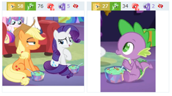 Size: 440x246 | Tagged: safe, imported from derpibooru, screencap, applejack, princess cadance, princess flurry heart, rarity, shining armor, spike, dragon, derpibooru, best gift ever, applejack's hat, bowl, cowboy hat, faic, food, hat, juxtaposition, lidded eyes, meta, present, pudding, puddinghead's pudding, stetson, underfoot, winged spike, wings