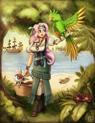 Size: 1280x1640 | Tagged: safe, artist:king-kakapo, imported from derpibooru, angel bunny, fluttershy, human, parrot, bandana, basket, beach, boat, boots, clothes, commission, cute, dinghy, dress, eyepatch, humanized, ocean, pirate, pirate boots, pirate fluttershy, pirate ship, pirateshy, rubber boots, sailship, ship, shoes, shyabetes, side slit, skirt, socks, thigh highs, vest