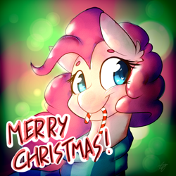 Size: 1024x1024 | Tagged: safe, artist:toodlededoo, imported from derpibooru, pinkie pie, pony, candy, candy cane, christmas, clothes, female, food, holiday, mare, mouth hold, scarf, smiling, solo