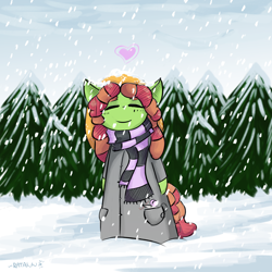 Size: 3000x3000 | Tagged: safe, artist:ratann, imported from derpibooru, tree hugger, semi-anthro, clothes, coat, eyes closed, female, mare, smiling, snow, snowfall, solo, tree