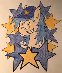 Size: 2948x3467 | Tagged: safe, artist:b-cacto, imported from derpibooru, oc, oc only, oc:moonshot, bat pony, pony, baseball cap, cap, hat, solo, stars, traditional art