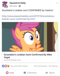 Size: 750x941 | Tagged: safe, imported from derpibooru, scootaloo, pegasus, pony, equestria daily, confirmed, facebook, female, filly, foal, happy, late, legit, lgbt, old news, op is a slowpoke, slowpoke