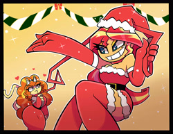 Size: 4200x3250 | Tagged: safe, artist:nelljoestar, imported from derpibooru, adagio dazzle, sunset shimmer, equestria girls, breasts, christmas, cleavage, clothes, costume, female, hat, holiday, lesbian, santa costume, santa hat, shipping, smiling, sunsagio