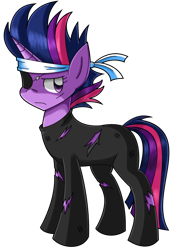 Size: 858x1179 | Tagged: safe, artist:kurus22, imported from derpibooru, twilight sparkle, pony, unicorn, it's about time, alternate hairstyle, bandana, catsuit, clothes, dirty, eyepatch, female, frown, future twilight, glare, headband, looking at you, mare, messy mane, short mane, simple background, solo, torn clothes, transparent background, unicorn twilight