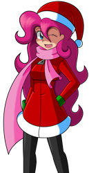 Size: 699x1350 | Tagged: safe, artist:kurus22, imported from derpibooru, pinkie pie, human, christmas, clothes, costume, female, hat, holiday, human coloration, humanized, light skin, one eye closed, santa costume, santa hat, scarf, simple background, solo, transparent background, wink