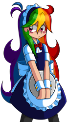 Size: 729x1326 | Tagged: safe, artist:kurus22, imported from derpibooru, rainbow dash, human, blushing, clothes, cuffs (clothes), cute, dashabetes, eye clipping through hair, female, humanized, light skin, maid, pixiv, rainbow dash always dresses in style, rainbow maid, simple background, solo, transparent background, tsunderainbow, tsundere