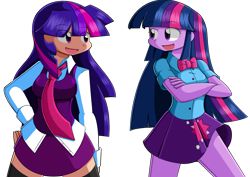 Size: 1740x1233 | Tagged: safe, artist:kurus22, imported from derpibooru, twilight sparkle, human, equestria girls, bowtie, clothes, cute, human coloration, humanized, microskirt, miniskirt, necktie, pleated skirt, self paradox, simple background, skirt, socks, thigh highs, thigh socks, transparent background