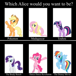 Size: 1024x1024 | Tagged: safe, artist:andoanimalia, imported from derpibooru, applejack, fluttershy, pinkie pie, rainbow dash, rarity, twilight sparkle, alice, alice (pokémon), alice (the penguins of madagascar), alice in wonderland, alice ip, alice margatroid, alice nelson, dance dance revolution, disney, mane 6 meme, mane six, meme, penguins of madagascar, pokémon, the brady bunch, the penguins of madagascar, touhou